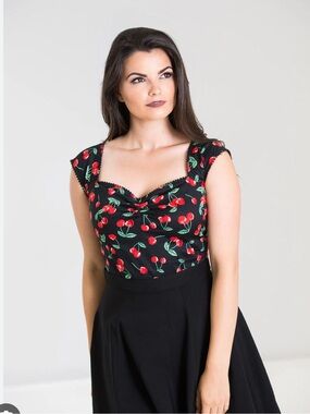 HELL BUNNY Cherry Pie Short Sleeve Top Shirt Blouse Black Women’s Size XS/Small